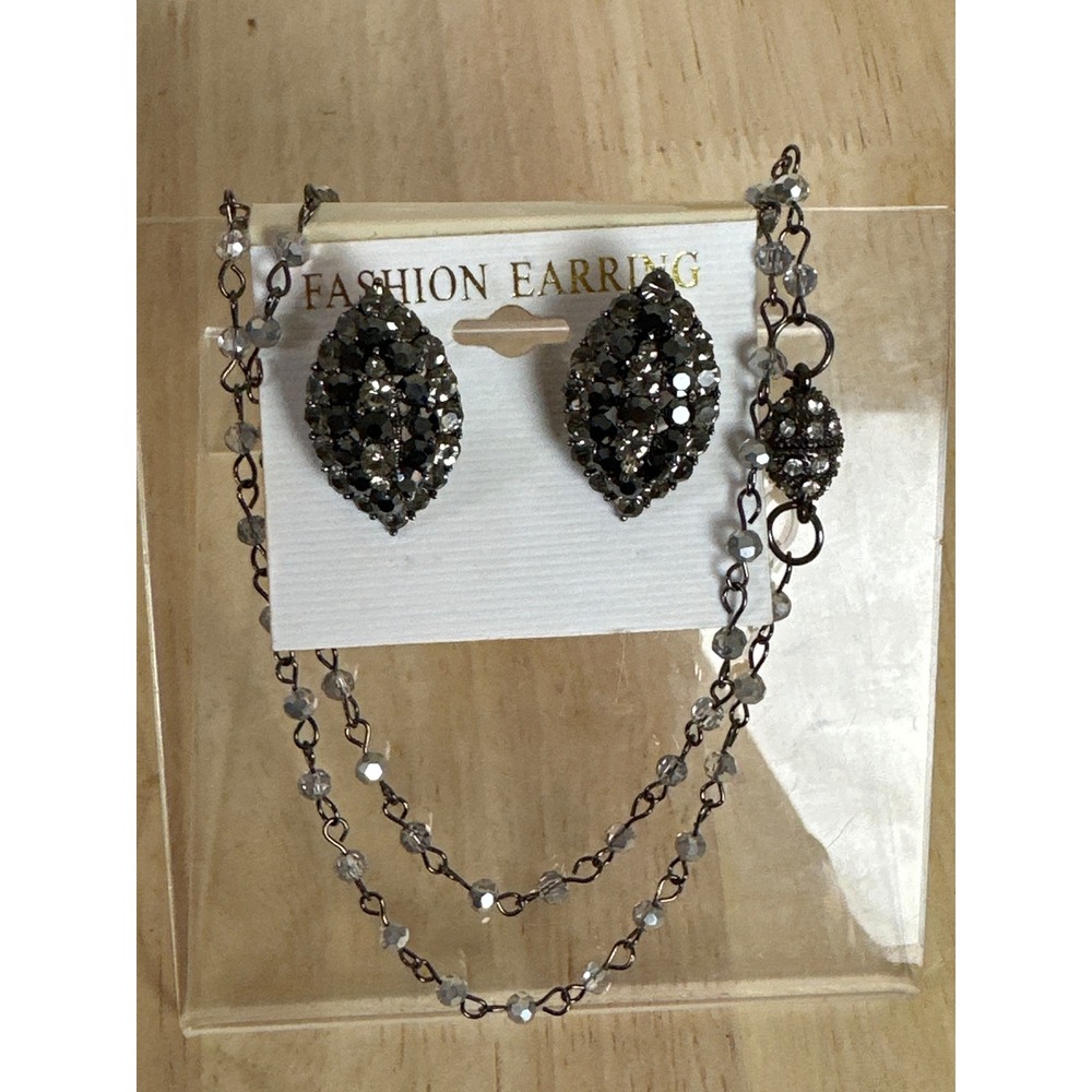 Gunmetal Grey Beaded Station Necklace and Crystal Clip On Earrings Jewelry Set